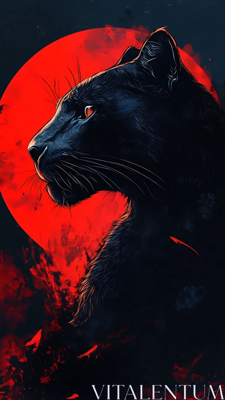 Black cat profile with luminous red moon backdrop and ink splatter effects