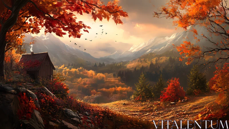 Autumn valley cabin beneath glowing mountains at sunset.