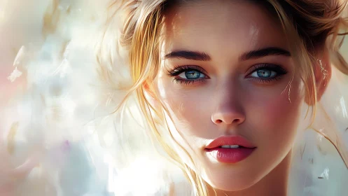 Digital portrait with luminous blue eyes and soft bokeh glow.