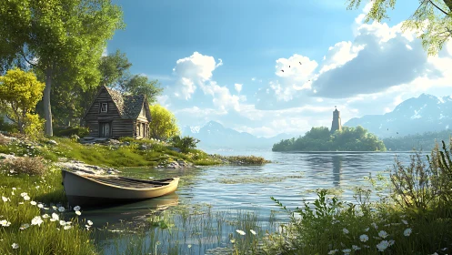 Alpine Lake Cottage: Serene Waterfront Landscape with Beacon Tower