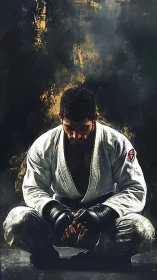 Martial artist in white gi rests in focused pre fight crouch