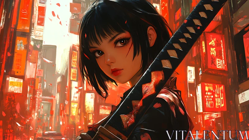 Blade-wielding girl in neon cityscape with dynamic red lighting