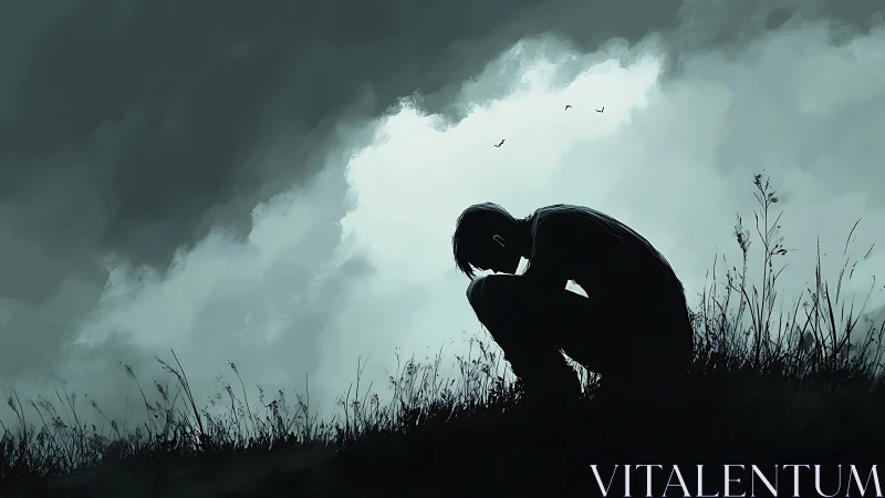 Silhouetted figure sits in crouched pose under overcast sky