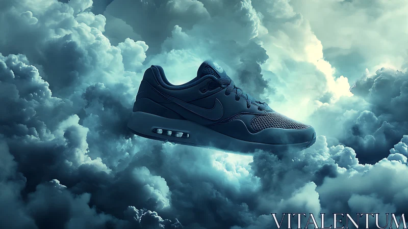 Futuristic Nike sneaker floating in cinematic storm clouds.