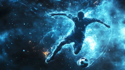 Soccer player strikes ball amid blue energy effects and sparks