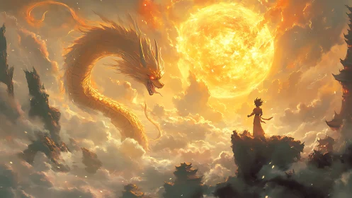 Solar dragon convergence with silhouetted warrior observer.