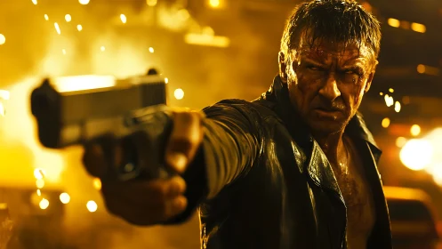 Battle-worn gunman extends pistol amid molten backlight.