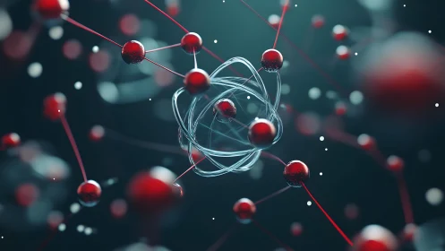 Abstract 3D Molecular Structure with Red Atoms and Blue Bonds.
