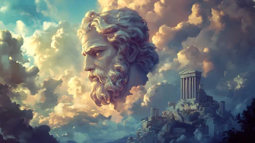 Colossal godlike marble head hovers above ruined Greek temple