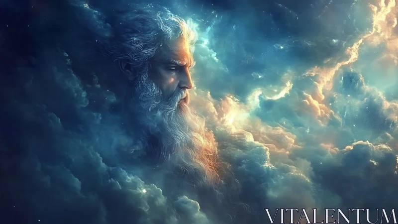 Celestial elder visage emerging from illuminated storm clouds