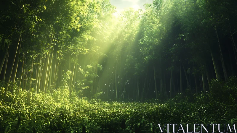 Sunlit bamboo clearing glowing with tranquil green calm.