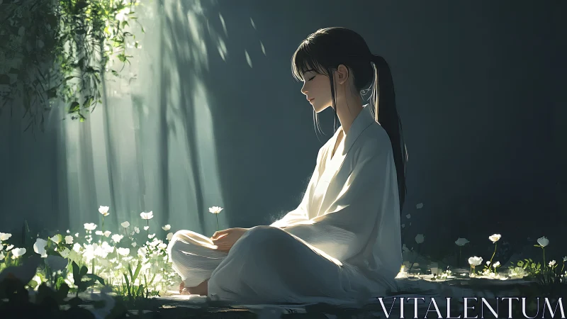 Girl in white robe meditating in soft forest light.