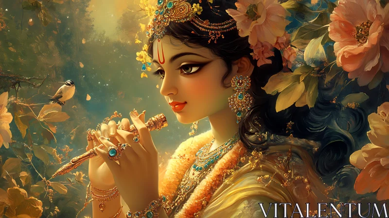 Digital portrait shows ornate figure holding flute in flora
