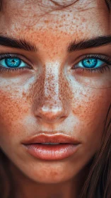 Freckled face fills frame under intense cyan gaze