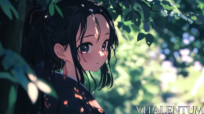 Young figure stands under foliage with dappled light patterns