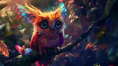 Enchanted Baby Owl with Luminous Feathers in Magical Forest.