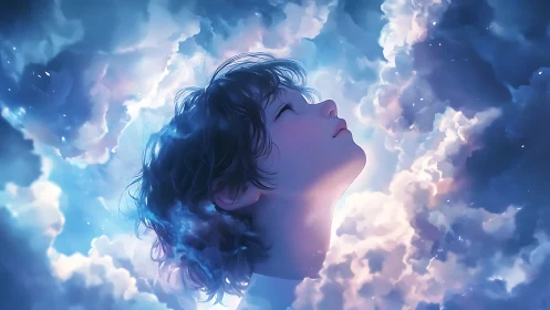 Luminous profile of dreaming youth immersed in volumetric clouds