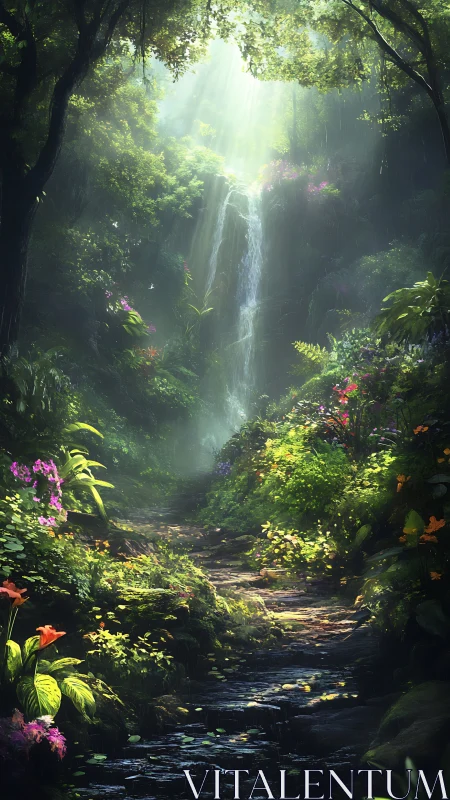 Waterfall Through Ancient Forest Canopy With Radiant Sunlight