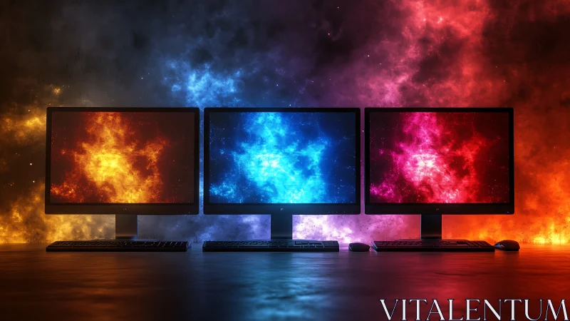 Triple monitors with vivid nebula displays in dark studio.