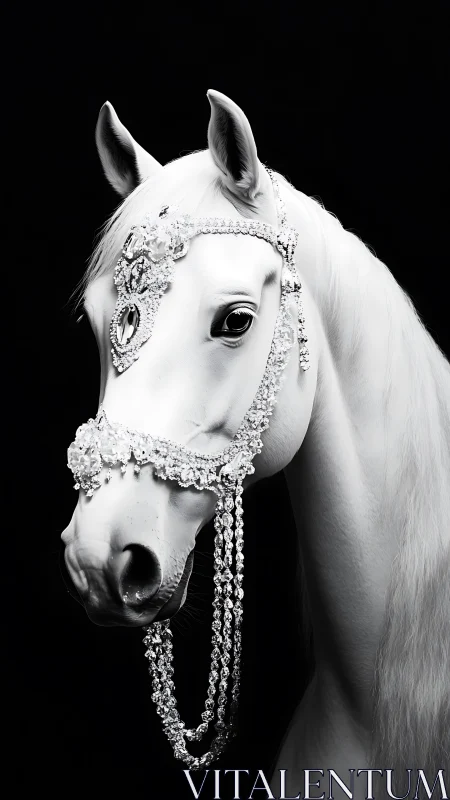 White horse in jeweled bridle stands in dramatic studio light