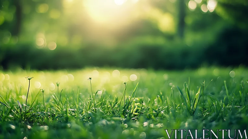 Close-up of Dewy Grass in Morning Sunlight, Soft Focus Nature.