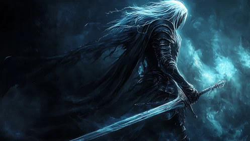 Dark armored swordsman within swirling blue spectral storm.