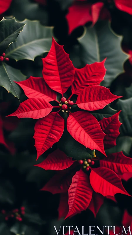 Red poinsettia bracts over deep green foliage background.