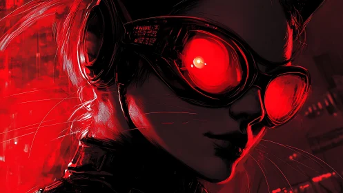 Cyberpunk woman with red glowing visor in intense light.