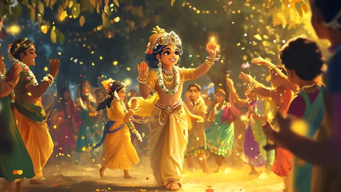 Digital painting shows central child dancer among festival crowd