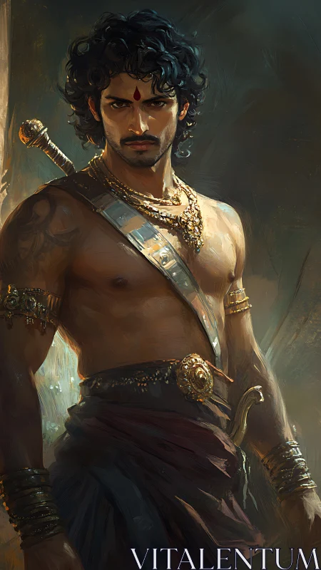 Warrior with sword and gold ornaments in soft light.
