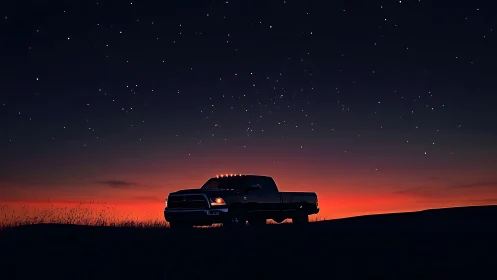 Pickup truck lingers beneath a starlit ember horizon