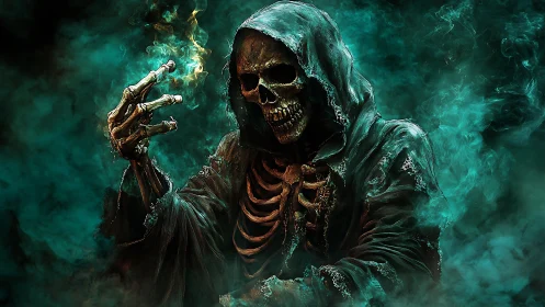 Grim reaper conjures eerie teal smoke in a dark void