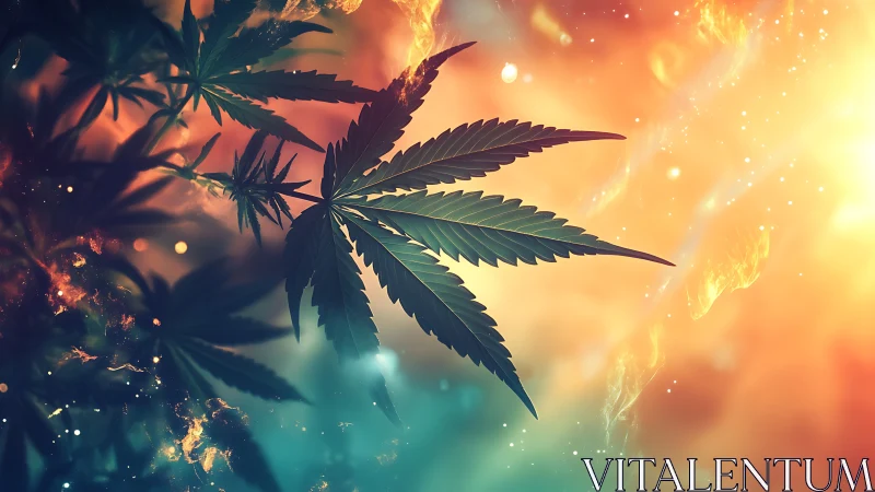Cannabis leaf silhouette against vivid abstract light field.