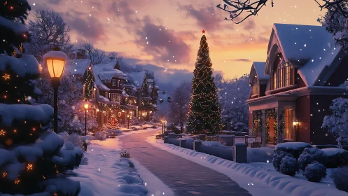 Snow-covered suburban street showcases illuminated Christmas tree