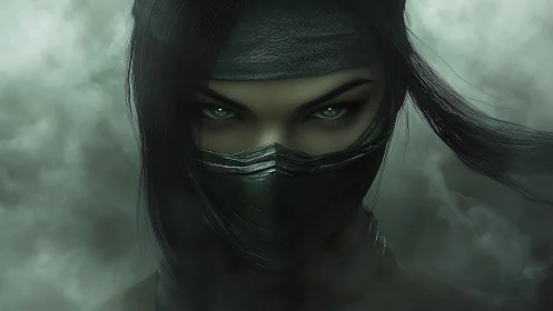 Emerald eyed shadow warrior emerging through silver mist.