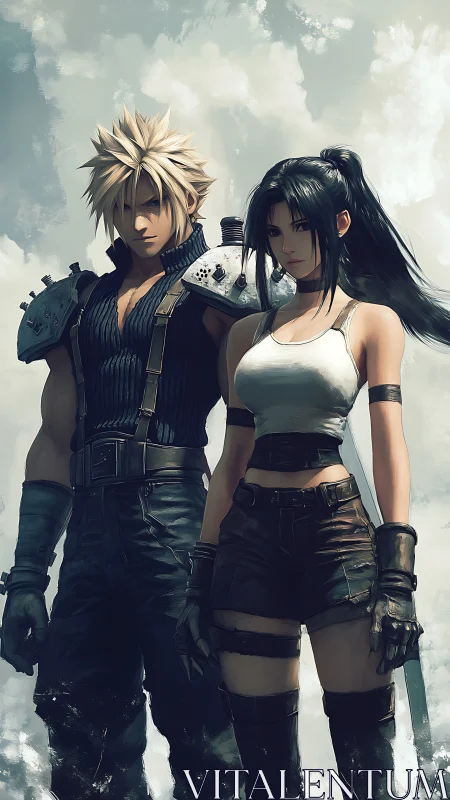 Battle-hardened anime duo stand resolute beneath bright skies.