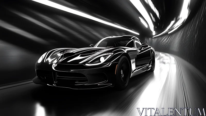 Black sports car racing through futuristic tunnel at speed.