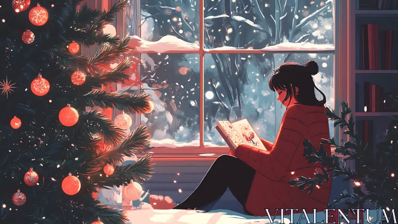 Woman reads by window beside decorated tree in winter