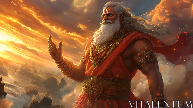 Mythic warrior sage strides through radiant sky temple clouds