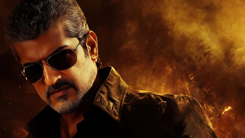 Smoldering sunglasses carve a lone hero from swirling fire