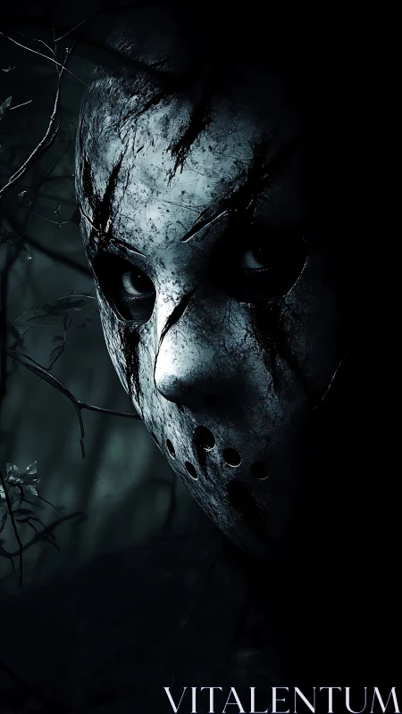 Corroded slasher mask in high-contrast nocturnal close-up.