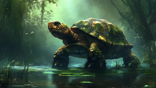 Majestic forest turtle crossing a misty luminous swamp.