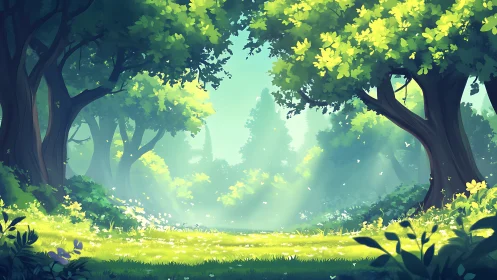 Enchanted forest glade bathed in golden sunlight