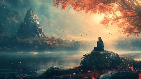 Silent thinker steeps in autumn light beside enchanted lake