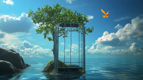 Treephone sanctuary afloat in sky-bright digital waters.