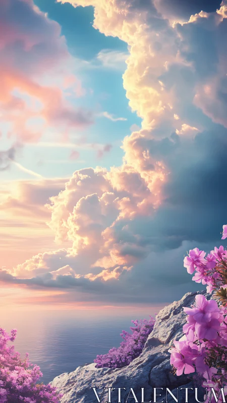 Vibrant coastal cliff with pink flowers and glowing clouds.