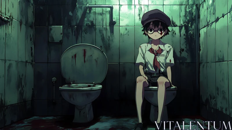Nervous schoolboy in a bloodstained, flickering bathroom.