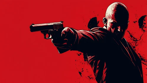 Bald suited gunman extends handgun toward viewer on red background