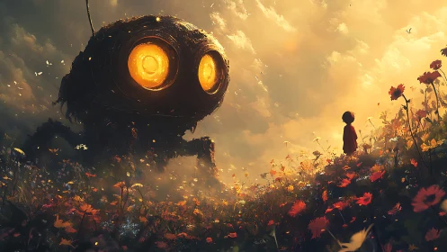 Gigantic amber-eyed meadow robot confronting solitary child