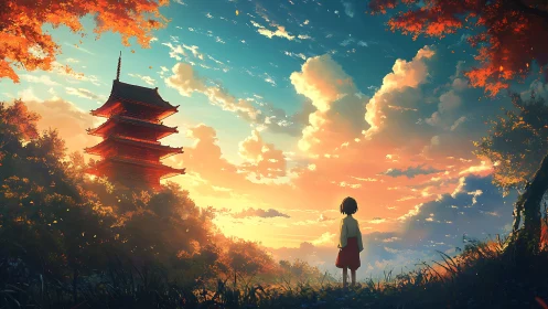 Child observing pagoda at sunset under expansive sky.